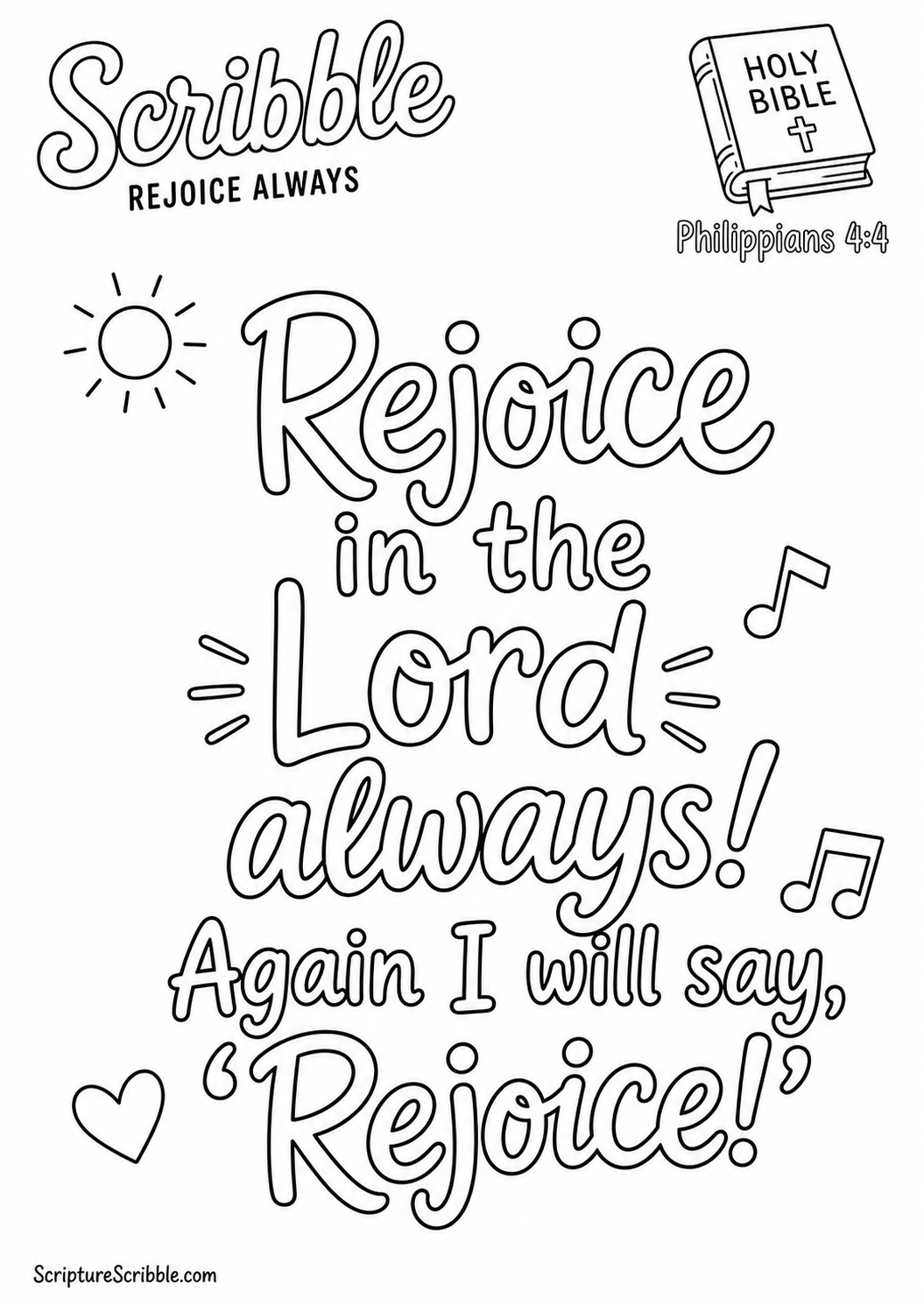 Preview of Philippians 4:4 Rejoice Always Scripture Typography Colouring Page Printable