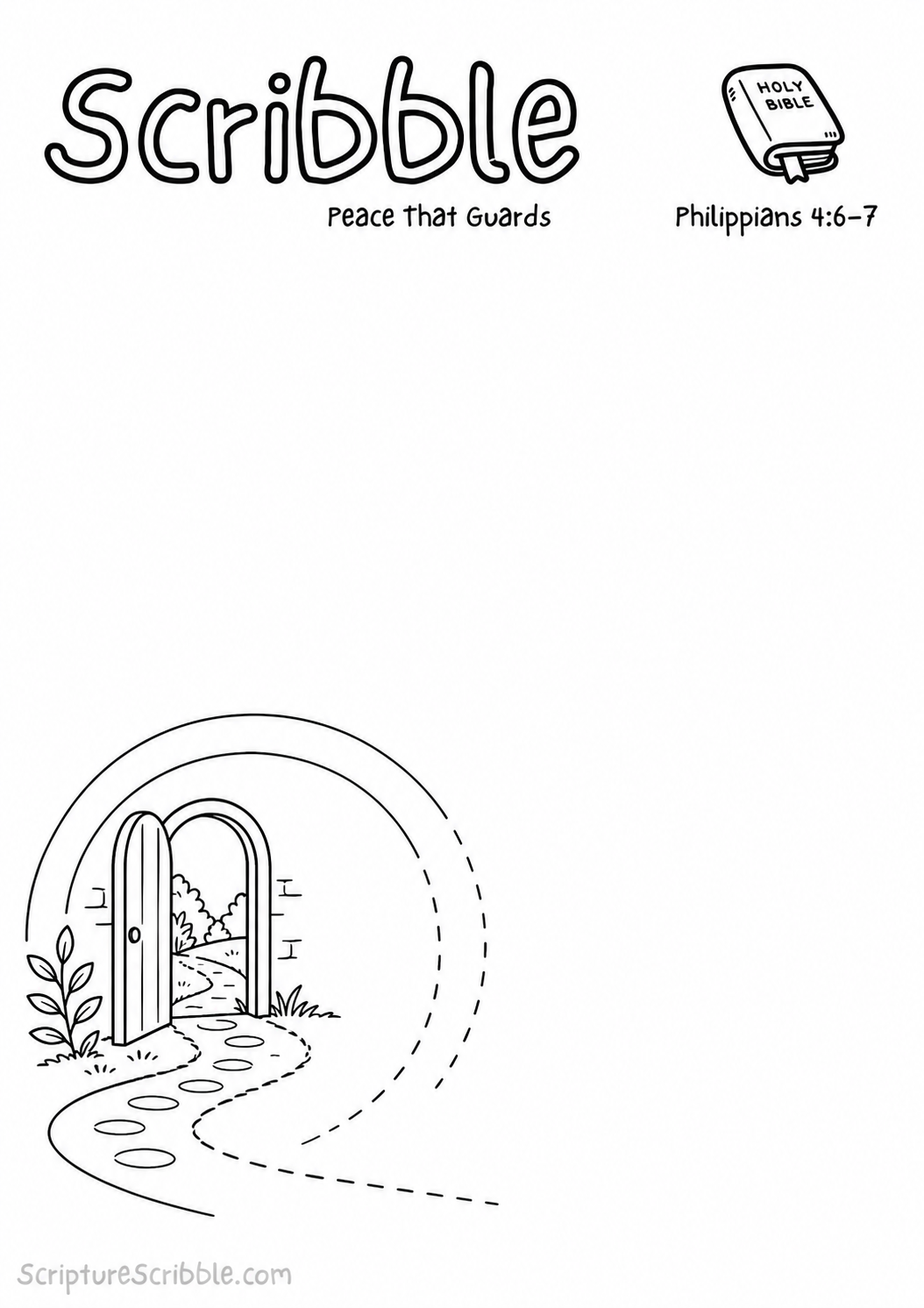 Black-and-white Philippians 4:6–7 devotional drawing printable titled Peace That Guards, with an incomplete open doorway and protective circles scene to finish