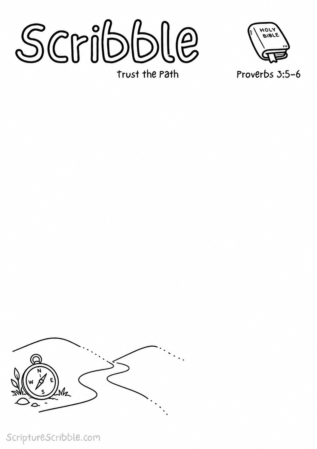 Black-and-white Proverbs 3:5–6 devotional drawing printable titled Trust the Path, with an incomplete compass and unfinished path scene to finish