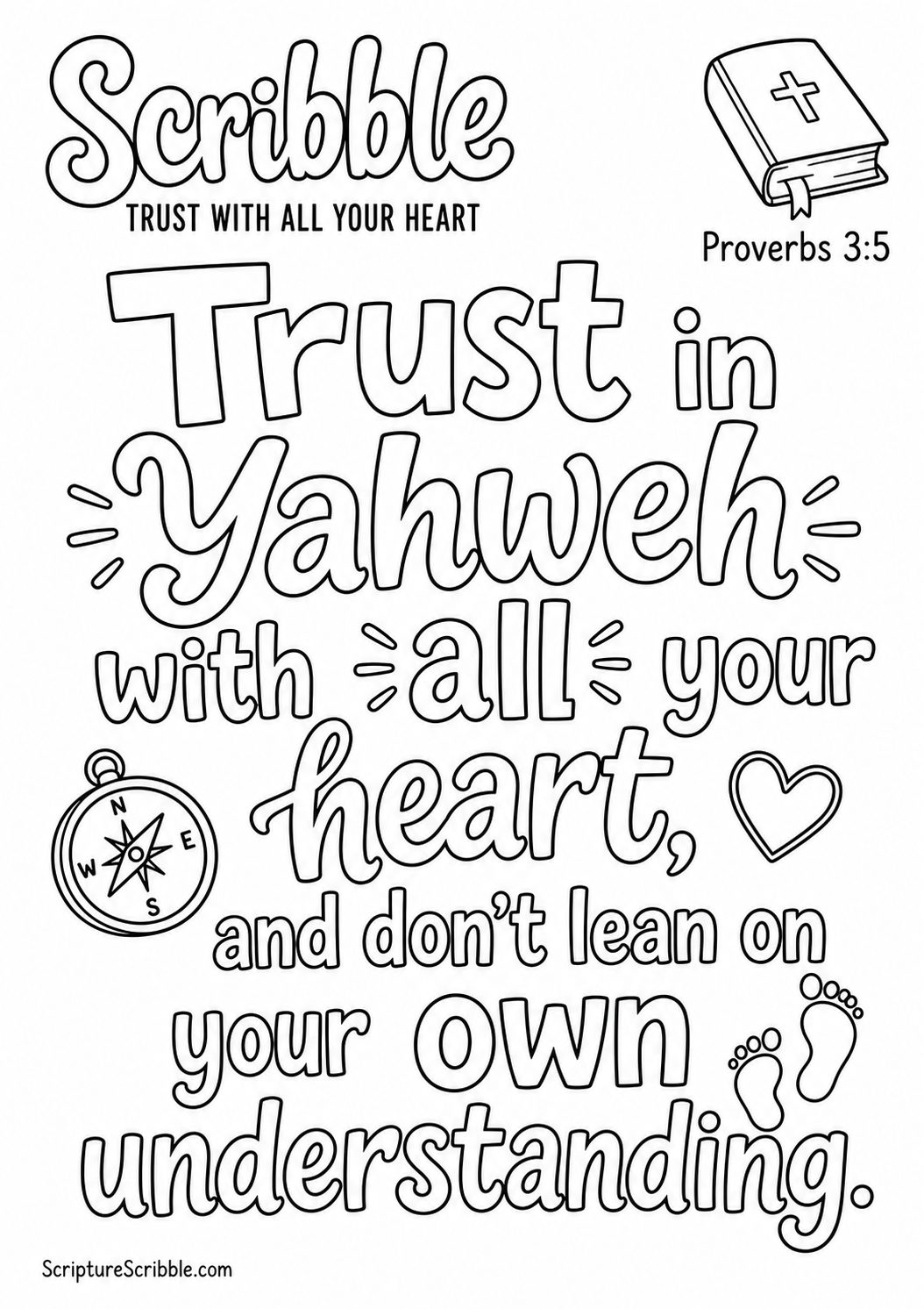 Preview of Proverbs 3:5 Trust With All Your Heart Scripture Typography Colouring Page Printable