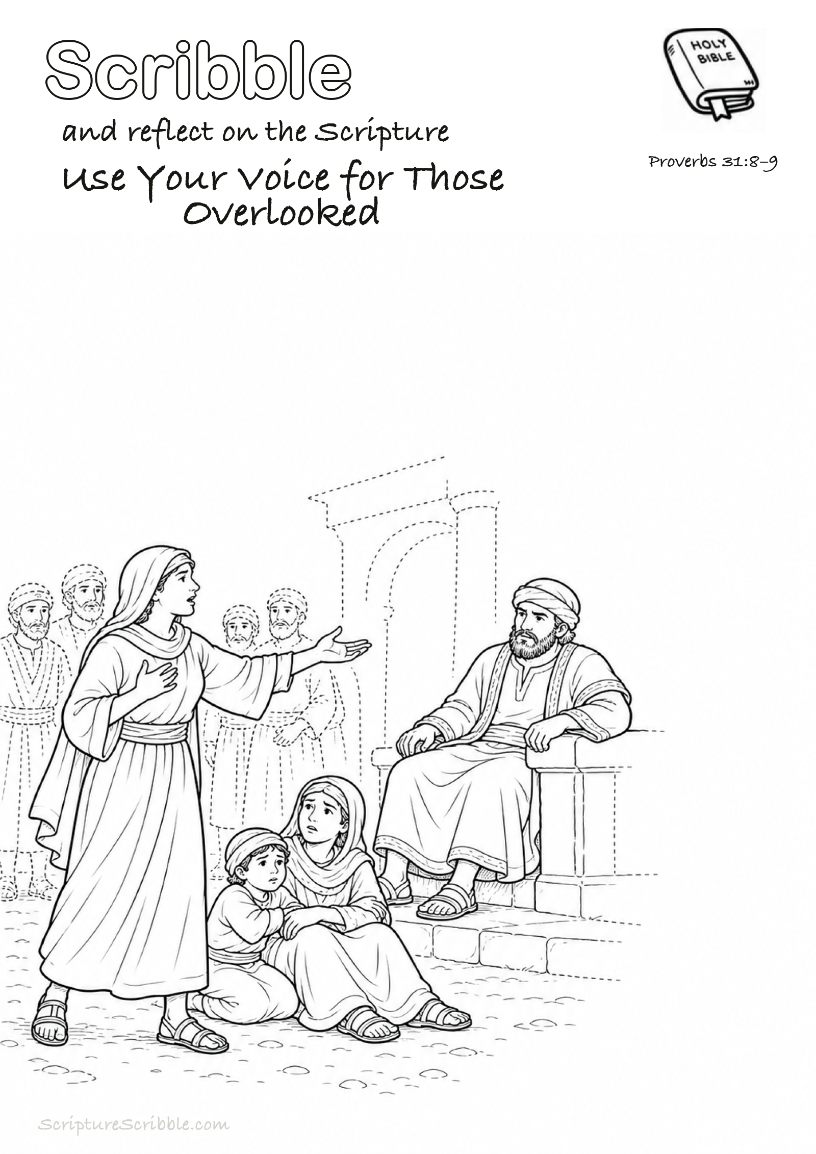 Preview of Proverbs 31:8–9 Use Your Voice for Those Overlooked Devotional Drawing Page Printable