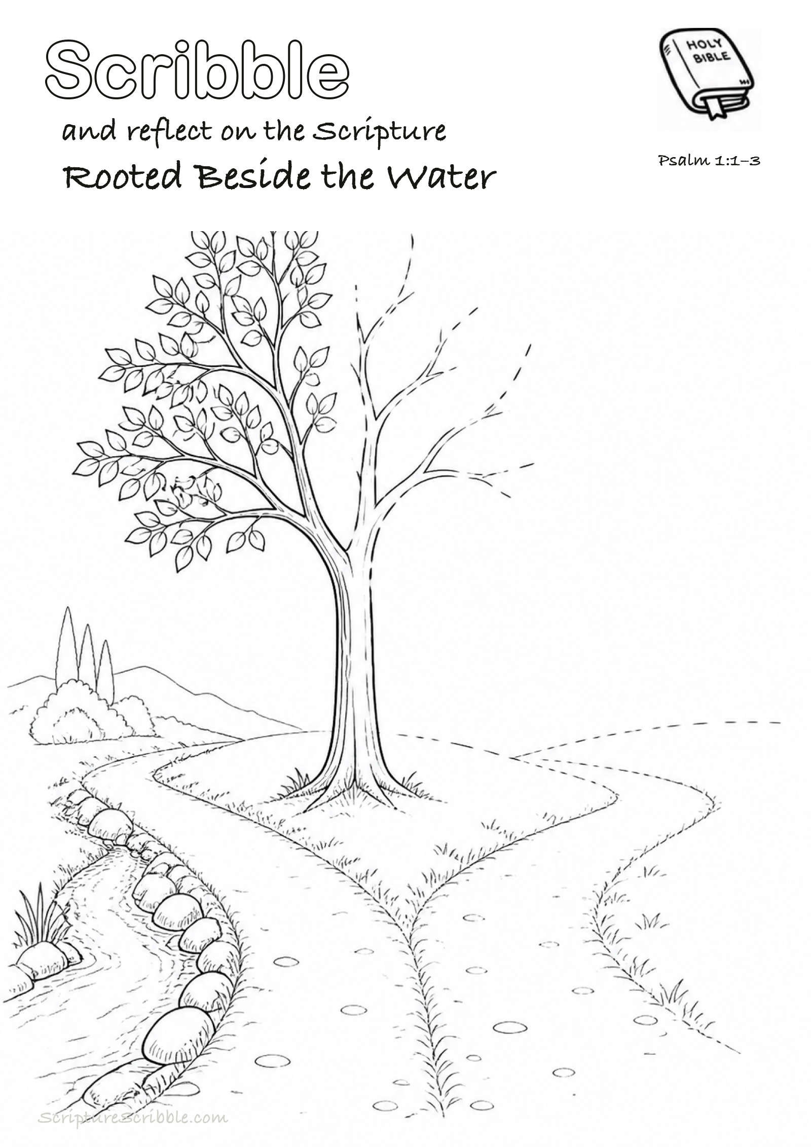 Black-and-white Psalm 1:1–3 devotional drawing page titled Rooted Beside the Water, with a branded header, Bible reference and unfinished Bible scene.