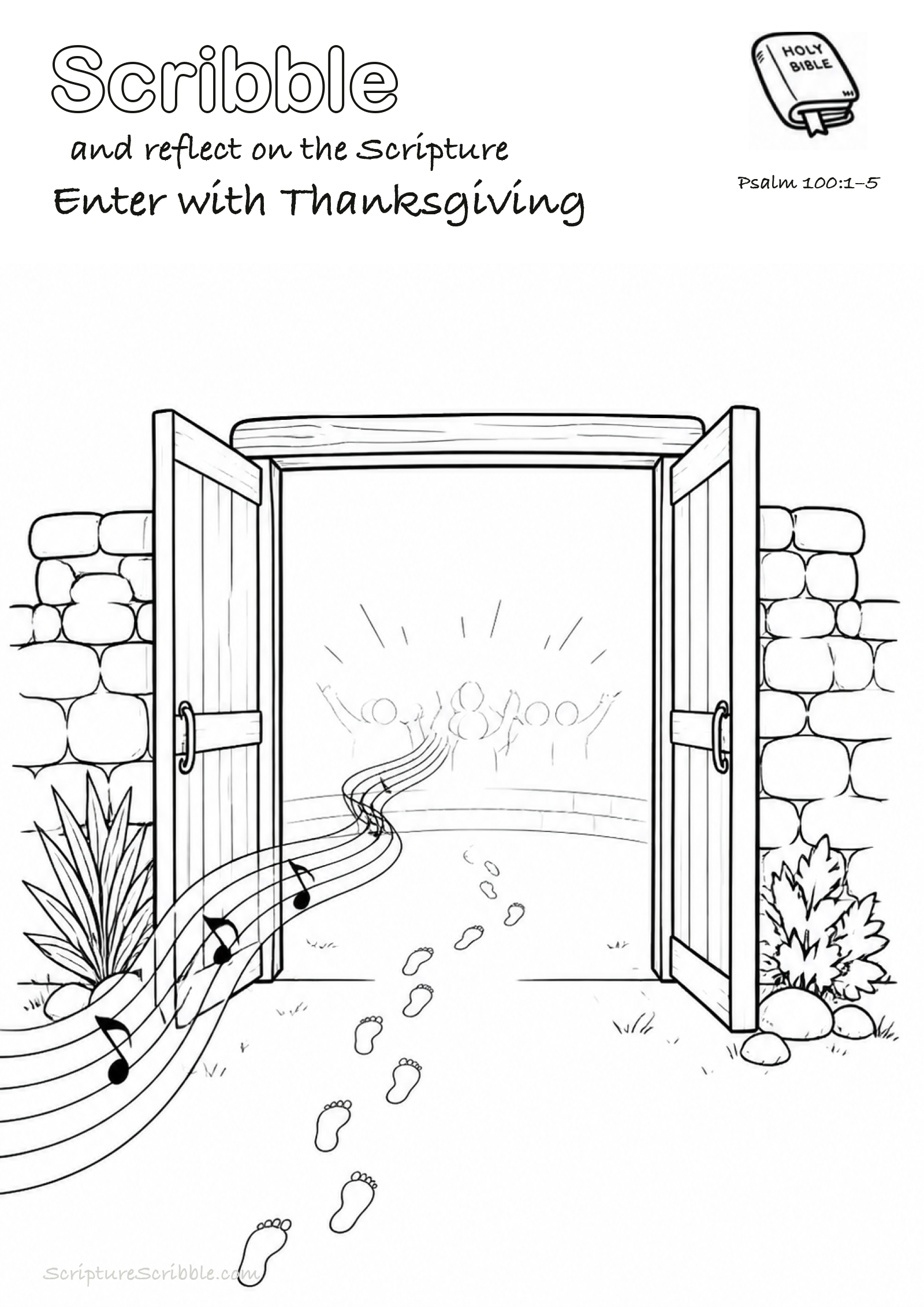 Black-and-white Psalm 100:1–5 devotional drawing page titled Enter with Thanksgiving, with a branded header, Bible reference and unfinished Bible scene.