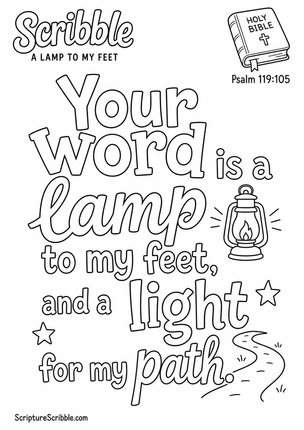 Preview of Psalm 119:105 A Lamp to My Feet Scripture Typography Colouring Page Printable