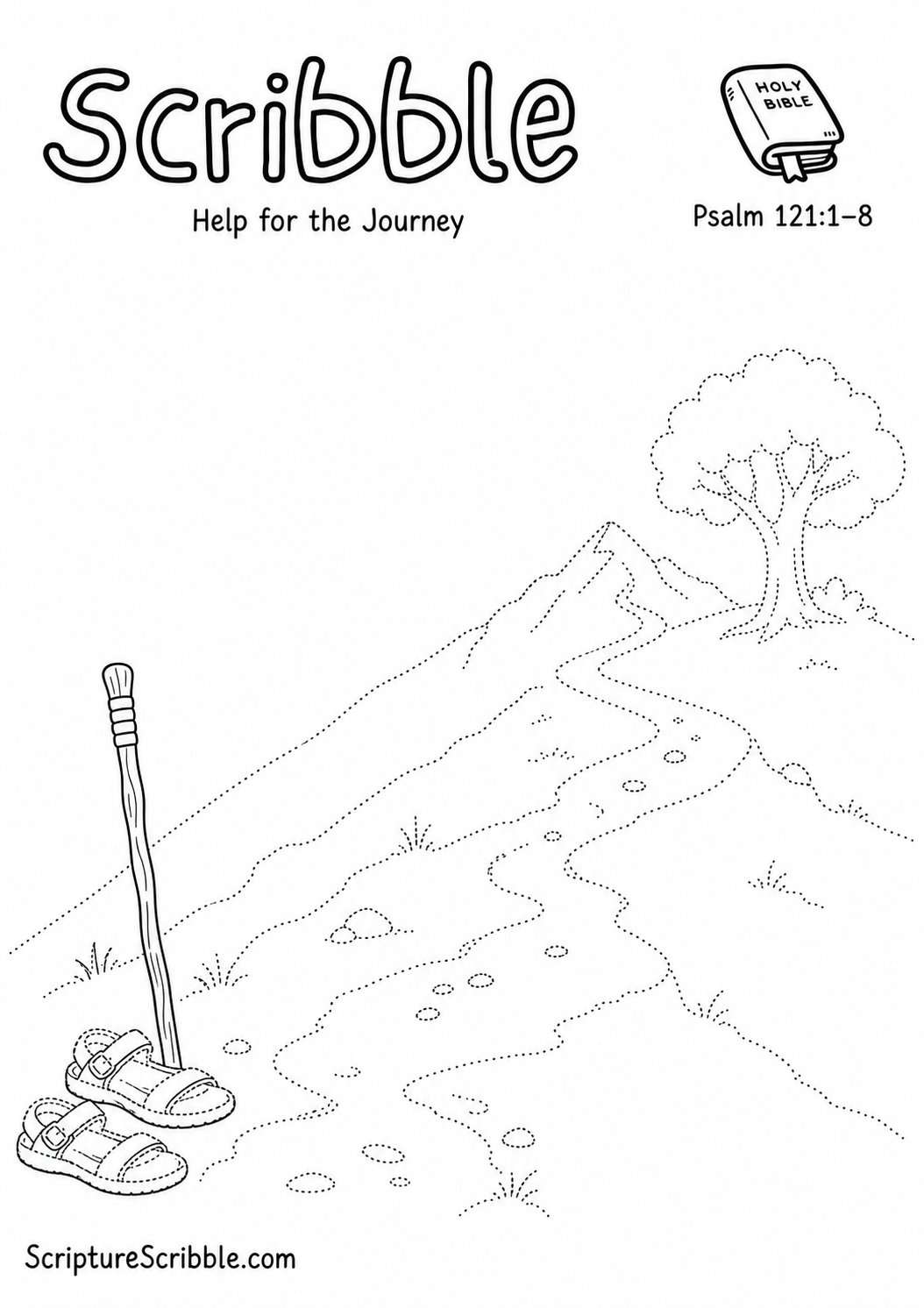 Black-and-white Psalm 121:1–8 devotional drawing printable titled Help for the Journey, with an incomplete mountain path and unfinished horizon scene to finish