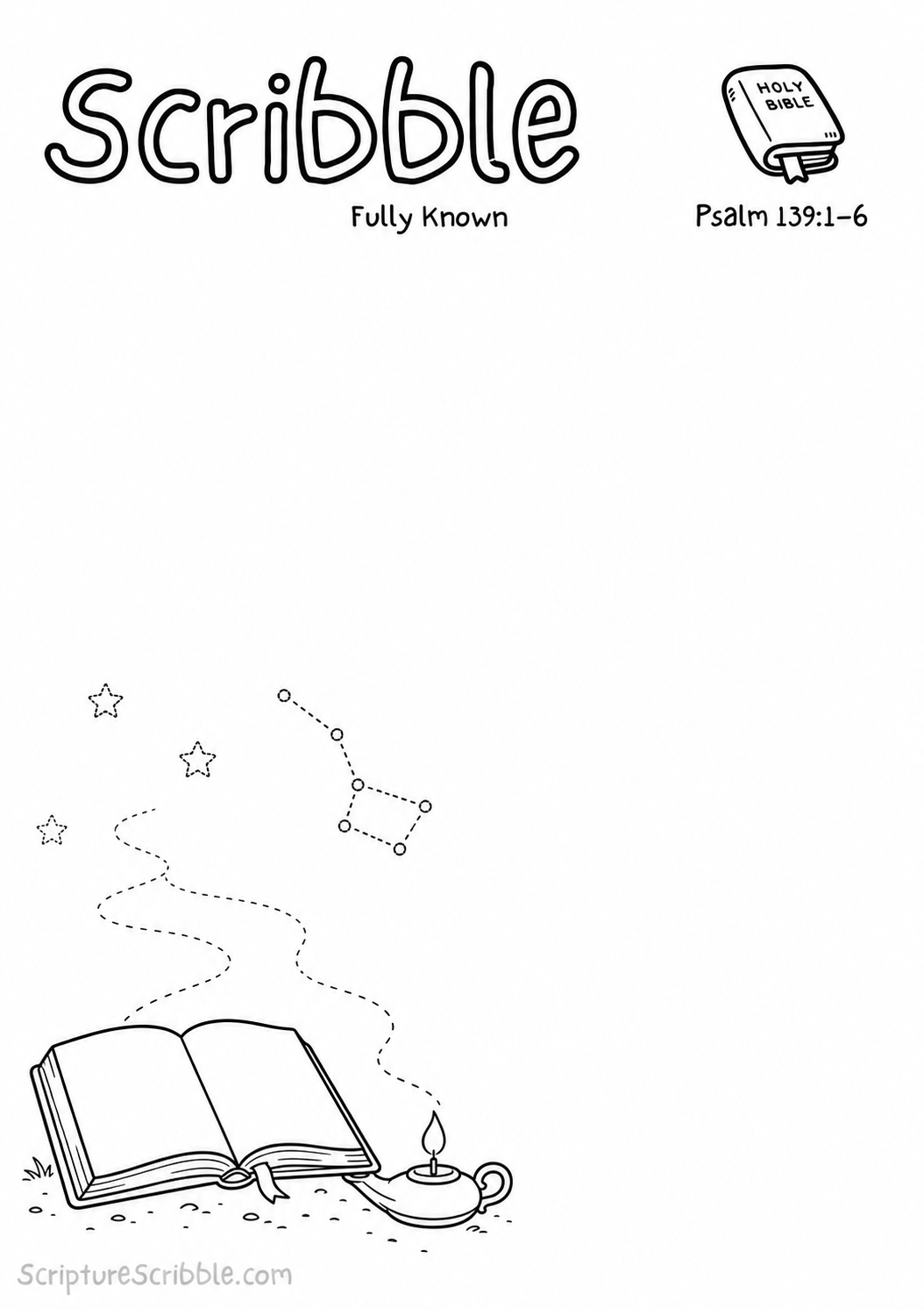 Black-and-white Psalm 139:1–6 devotional drawing printable titled Fully Known, with an incomplete open journal, lamp and unfinished constellation scene to finish
