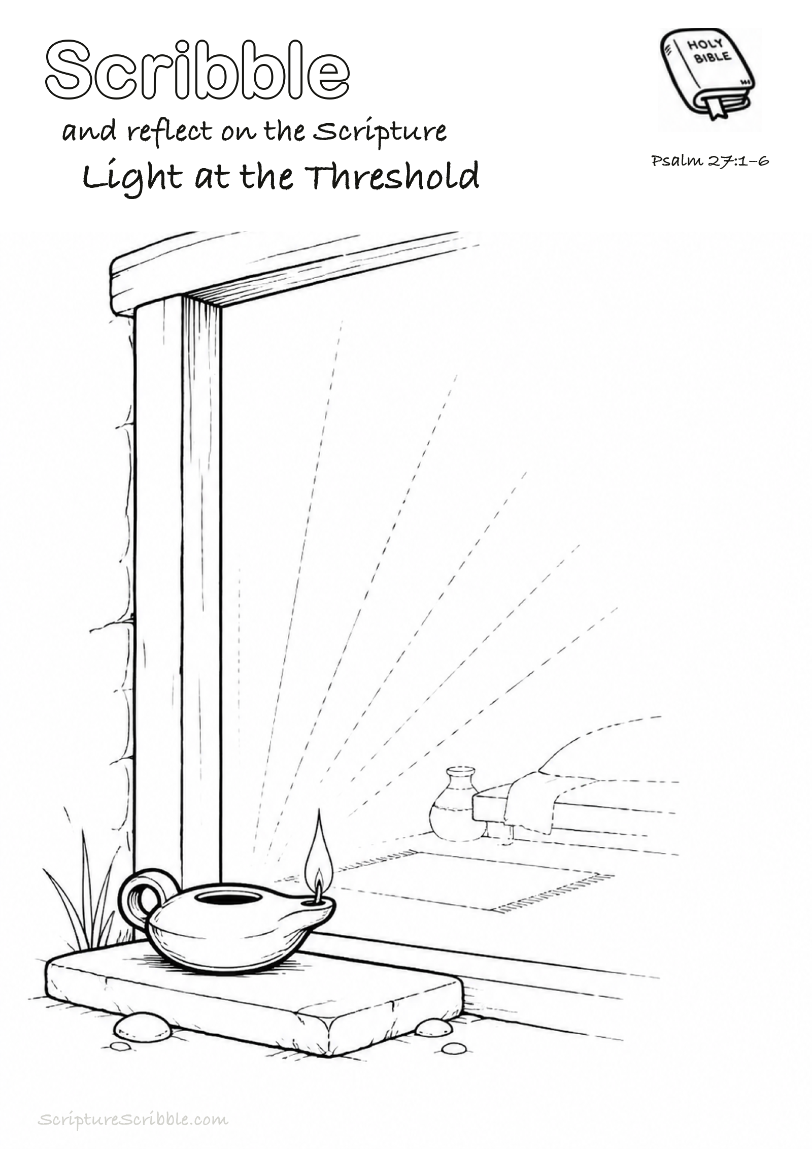 Black-and-white Psalm 27:1–6 devotional drawing page titled Light at the Threshold, with a branded header, Bible reference and unfinished Bible scene.