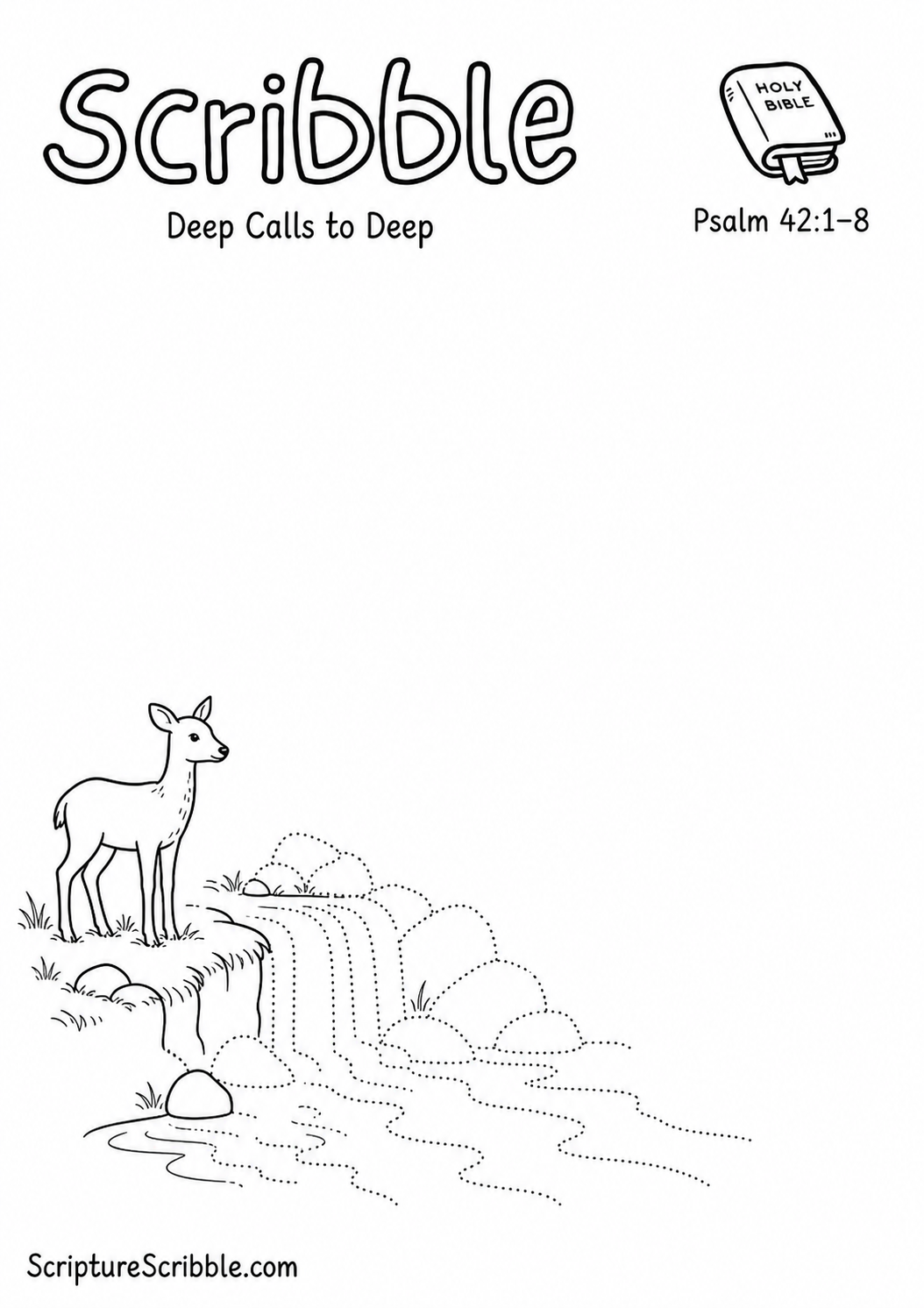 Black-and-white Psalm 42:1–8 devotional drawing printable titled Deep Calls to Deep, with an incomplete deer, stream and unfinished waterfall scene to finish