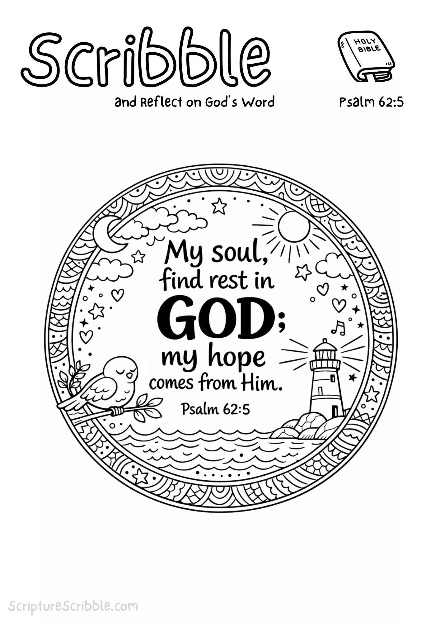 Printable reflection and drawing activity for Psalm 62:5 Coloring Page – Find Rest in God Printable