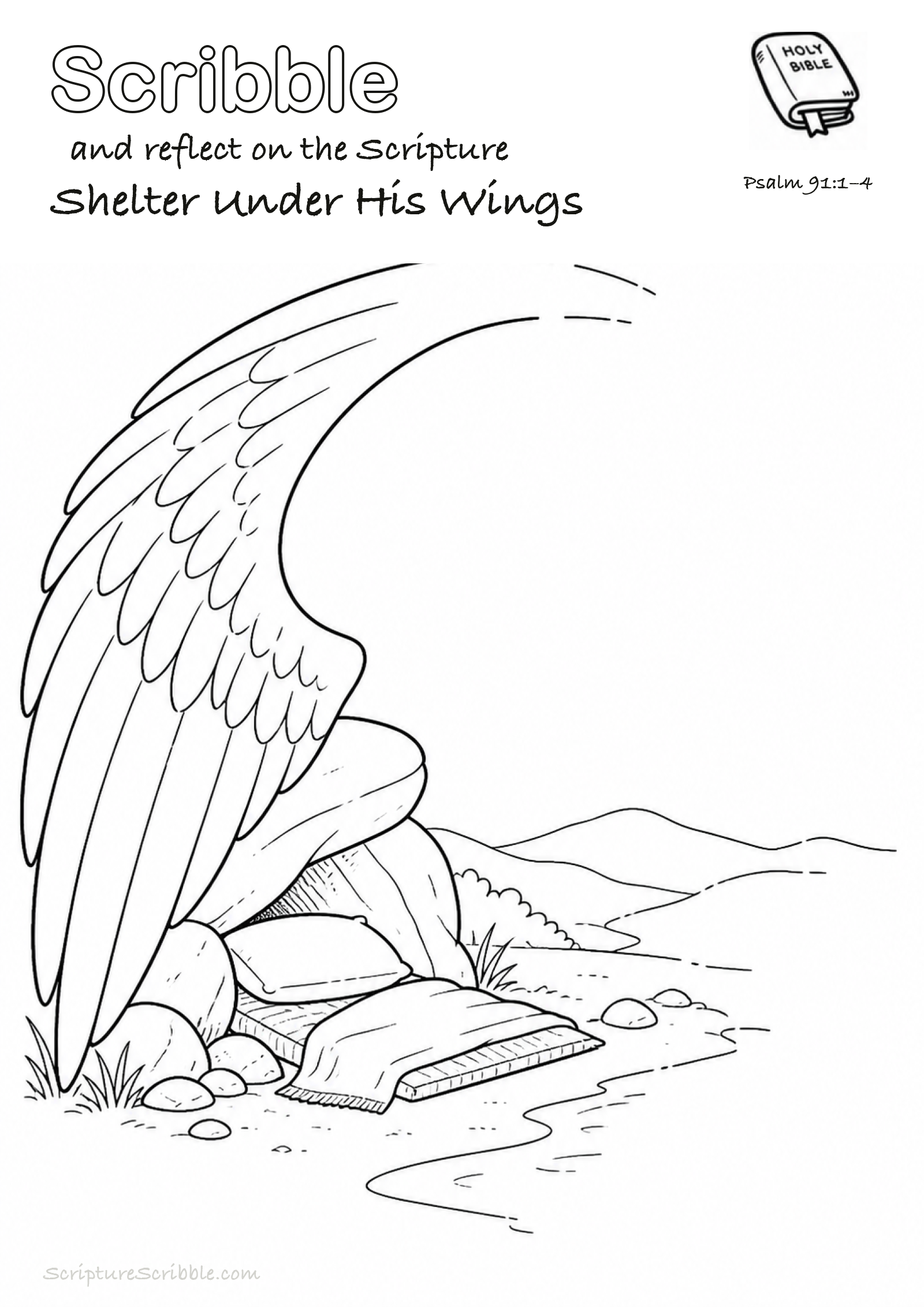 Black-and-white Psalm 91:1–4 devotional drawing page titled Shelter Under His Wings, with a branded header, Bible reference and unfinished Bible scene.