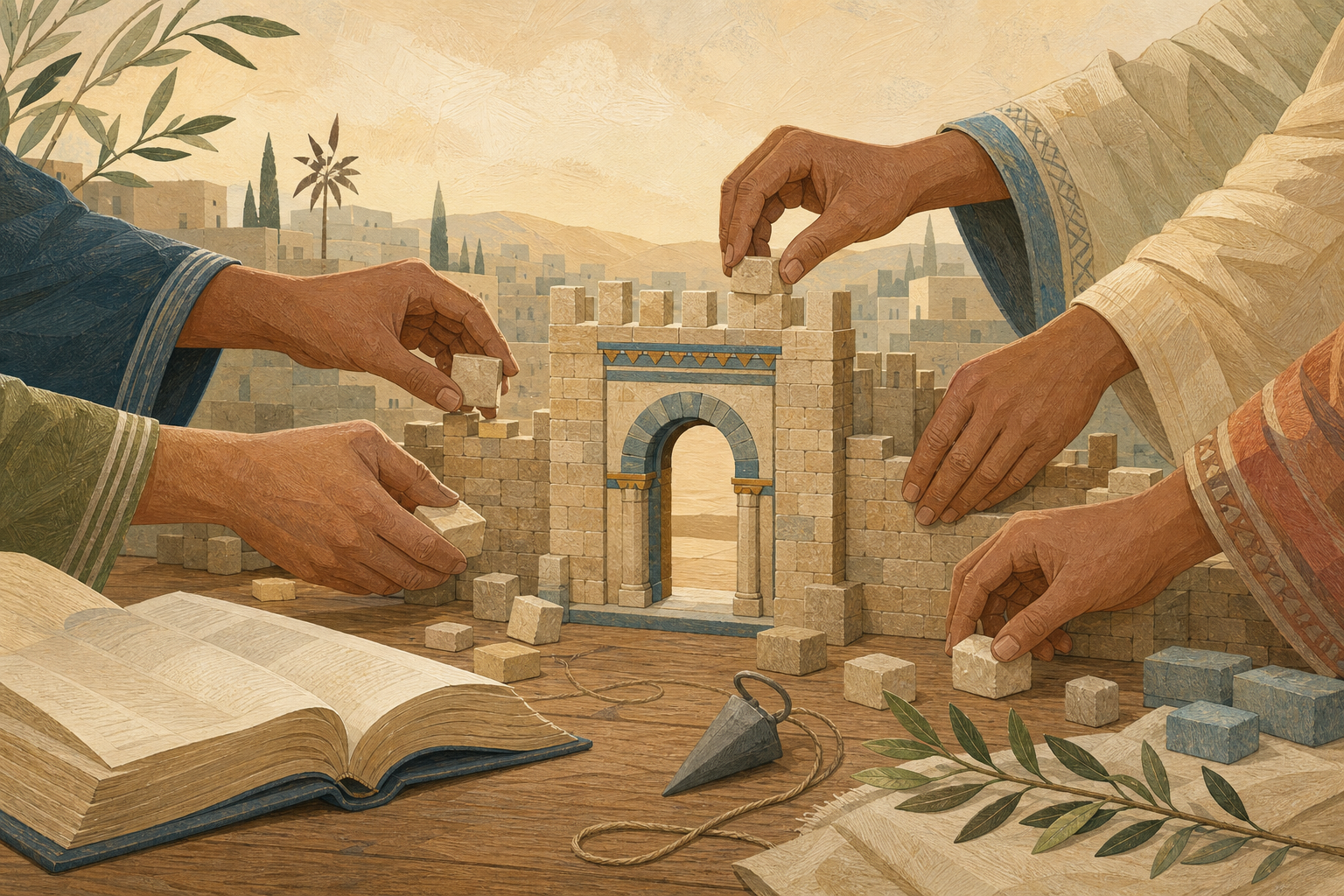 Several hands rebuild a model stone gateway beside an open Bible, plumb line and olive branch.