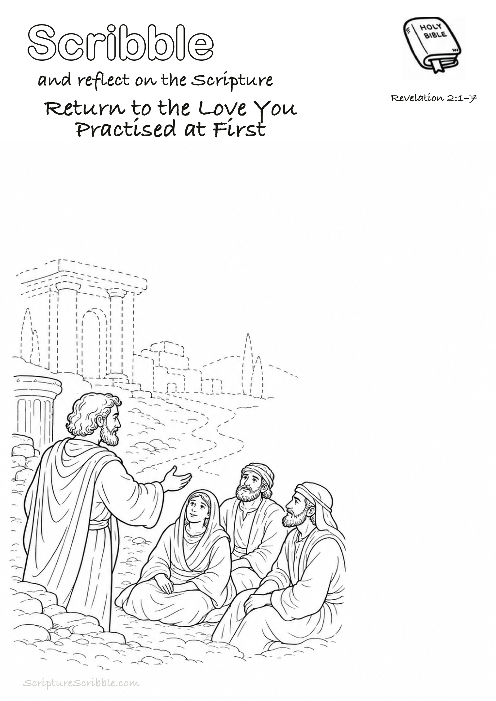 Black-and-white Revelation 2:1–7 devotional drawing page titled Return to the Love You Practised at First, with a branded header, Bible reference and unfinished Bible scene.