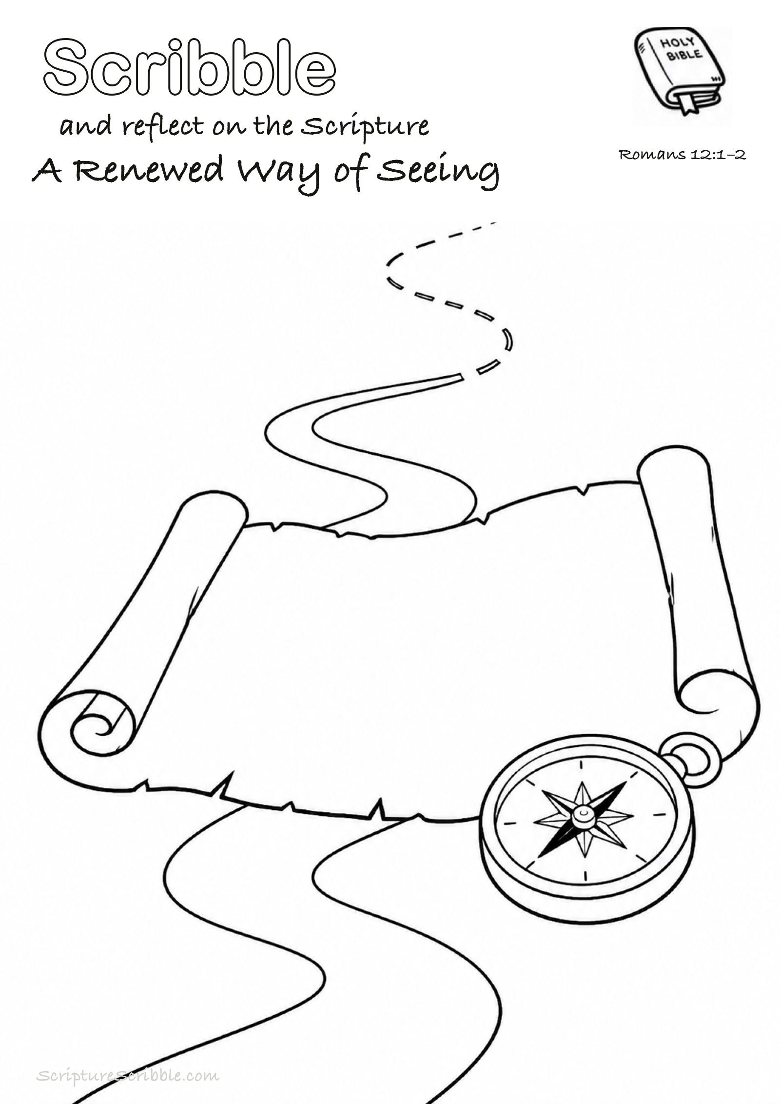 Black-and-white Romans 12:1–2 devotional drawing page titled A Renewed Way of Seeing, with a branded header, Bible reference and unfinished Bible scene.