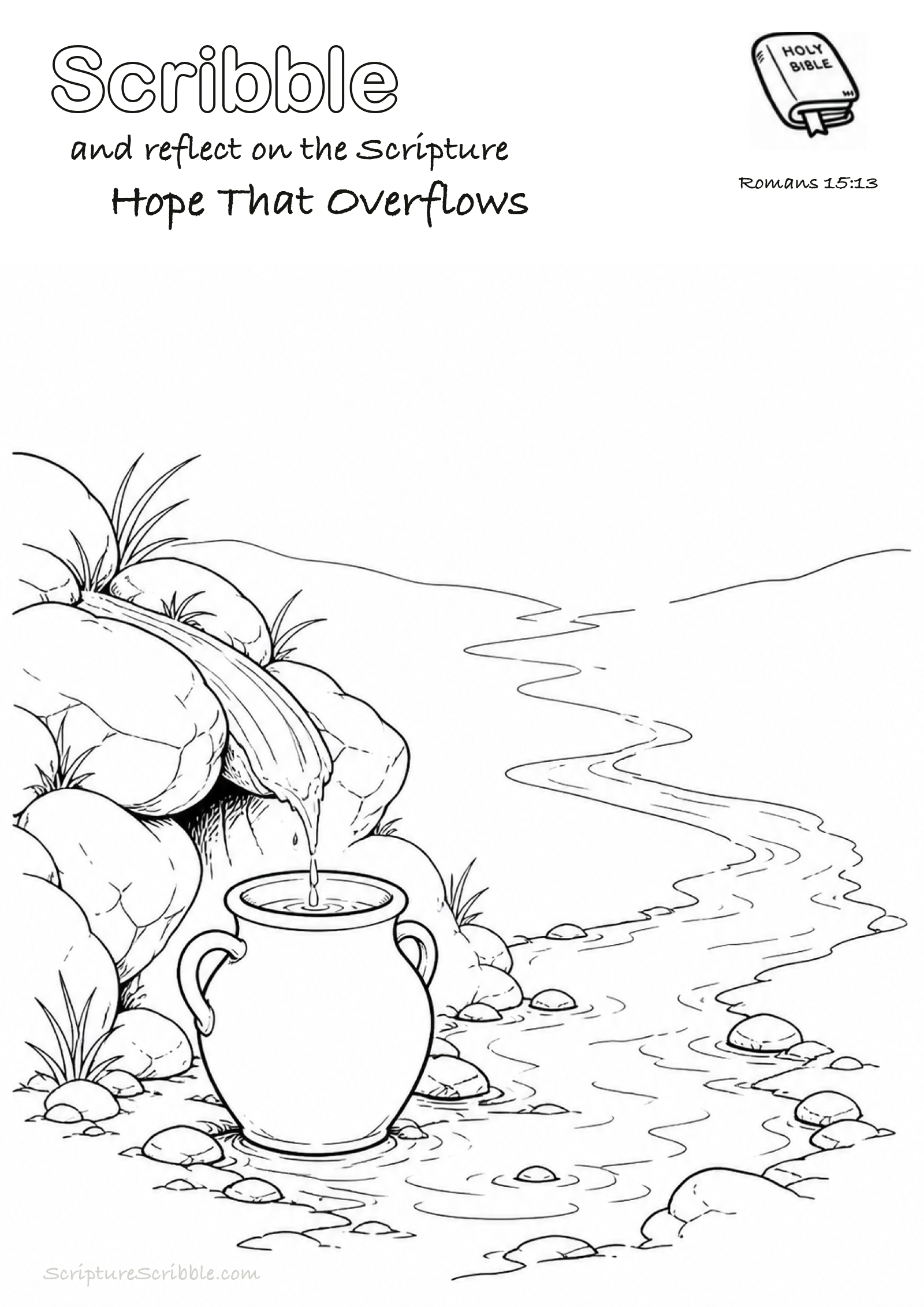 Black-and-white Romans 15:13 devotional drawing page titled Hope That Overflows, with a branded header, Bible reference and unfinished Bible scene.