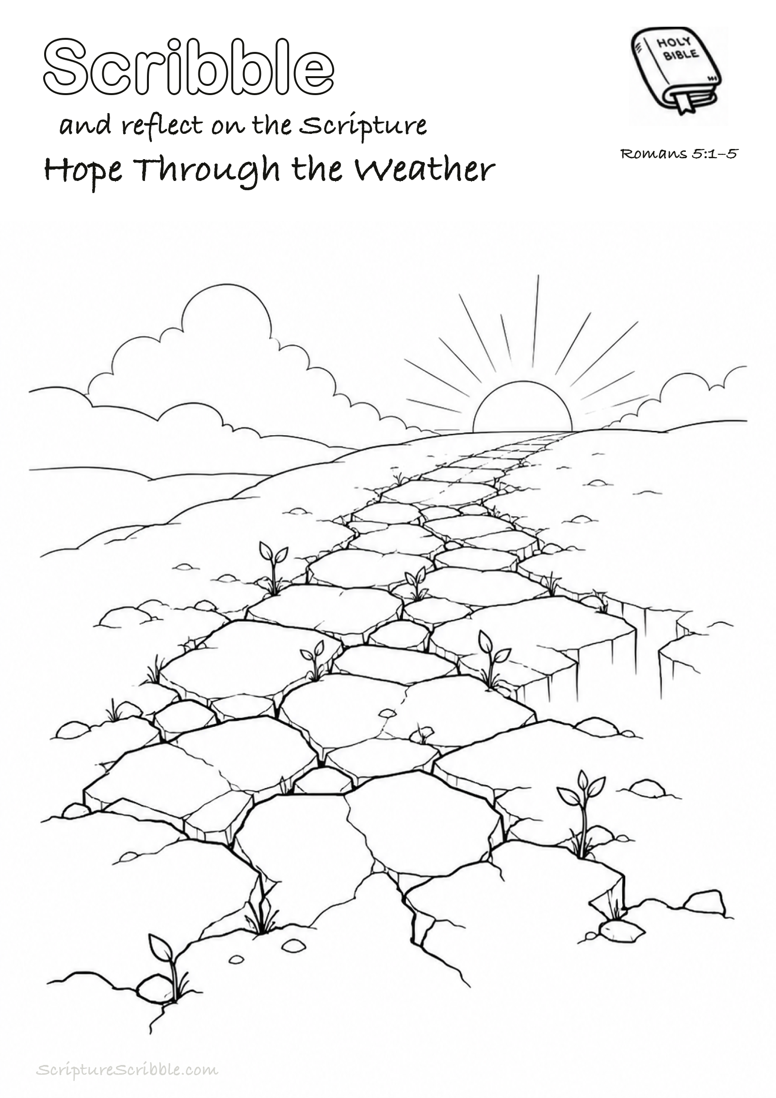 Black-and-white Romans 5:1–5 devotional drawing page titled Hope Through the Weather, with a branded header, Bible reference and unfinished Bible scene.