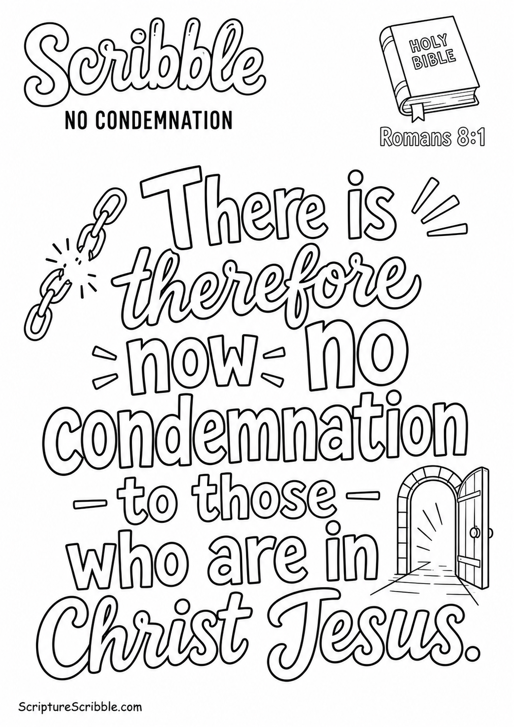 Preview of Romans 8:1 No Condemnation Scripture Typography Colouring Page Printable