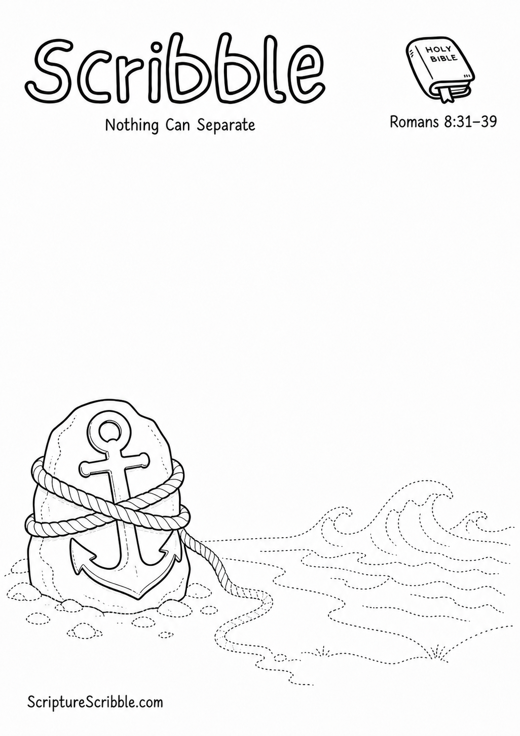 Black-and-white Romans 8:31–39 devotional drawing printable titled Nothing Can Separate, with an incomplete rope bridge and unfinished ravine scene to finish