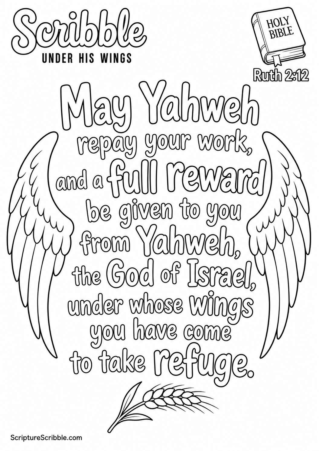 Preview of Ruth 2:12 Under His Wings Scripture Typography Colouring Page Printable