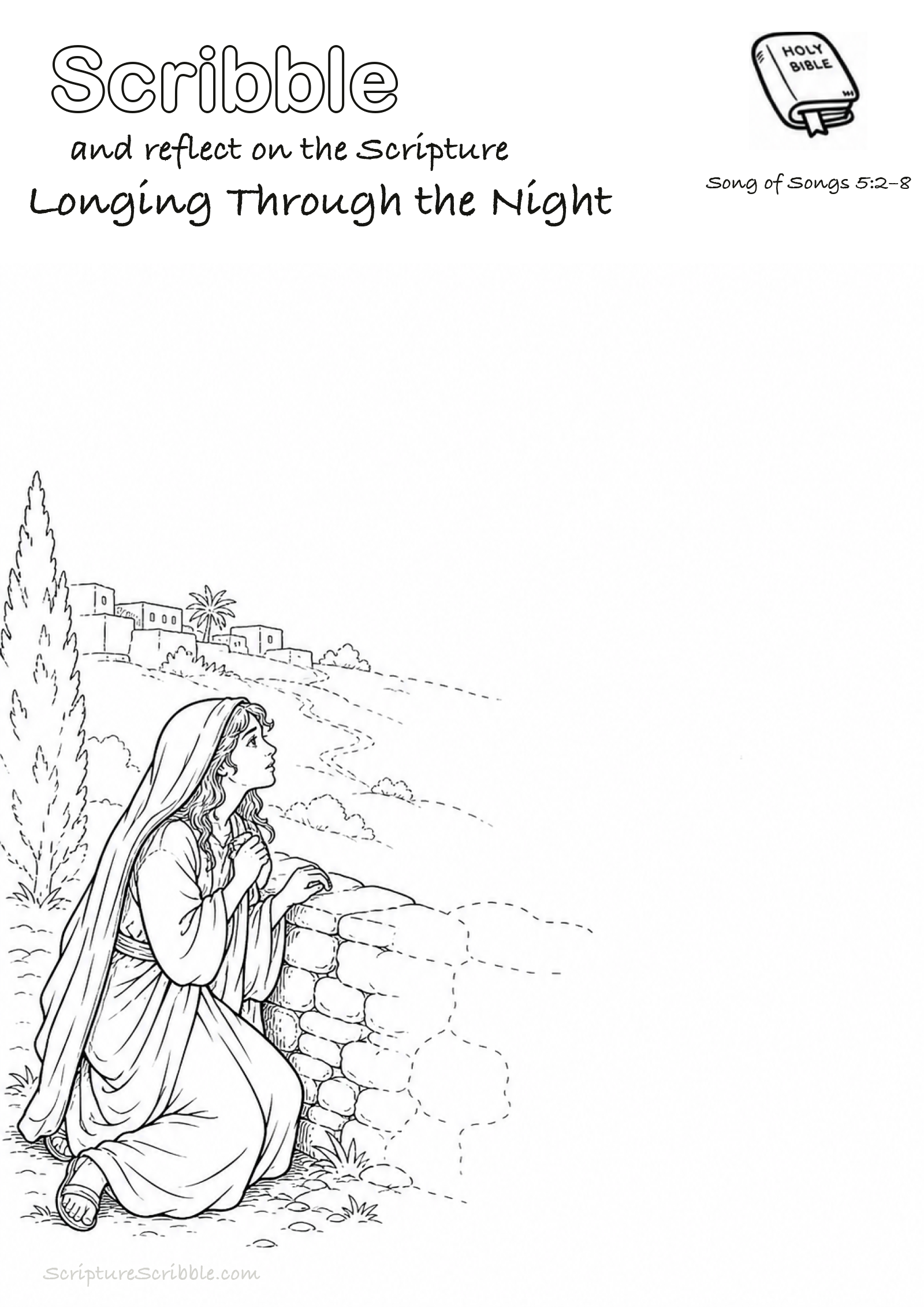 Preview of Song of Songs 5:2–8 Longing Through the Night Devotional Drawing Page Printable