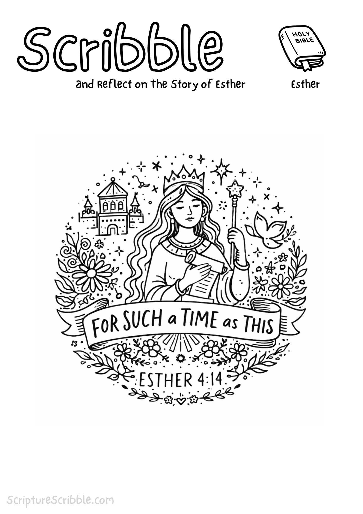 Printable reflection and drawing activity for Story of Esther Coloring Page Printable – For Such a Time as This Bible Activity for Kids, based on Esther 4:14