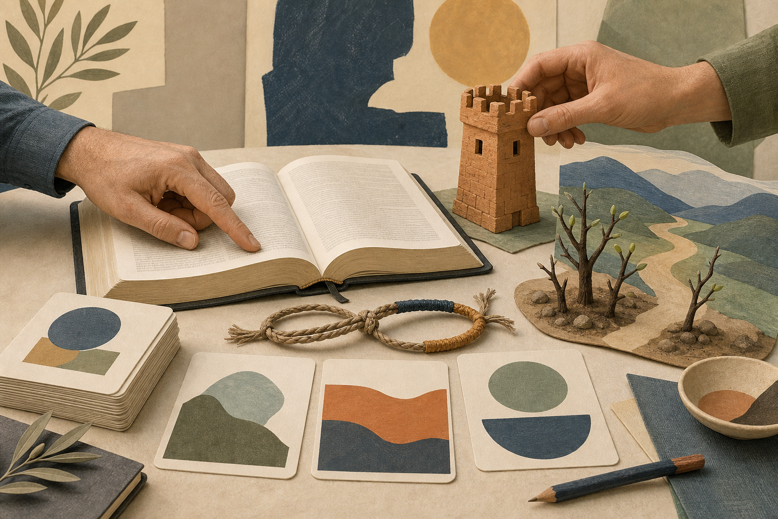 Hands study an open Bible with a clay watchtower, covenant cord and budding branches.