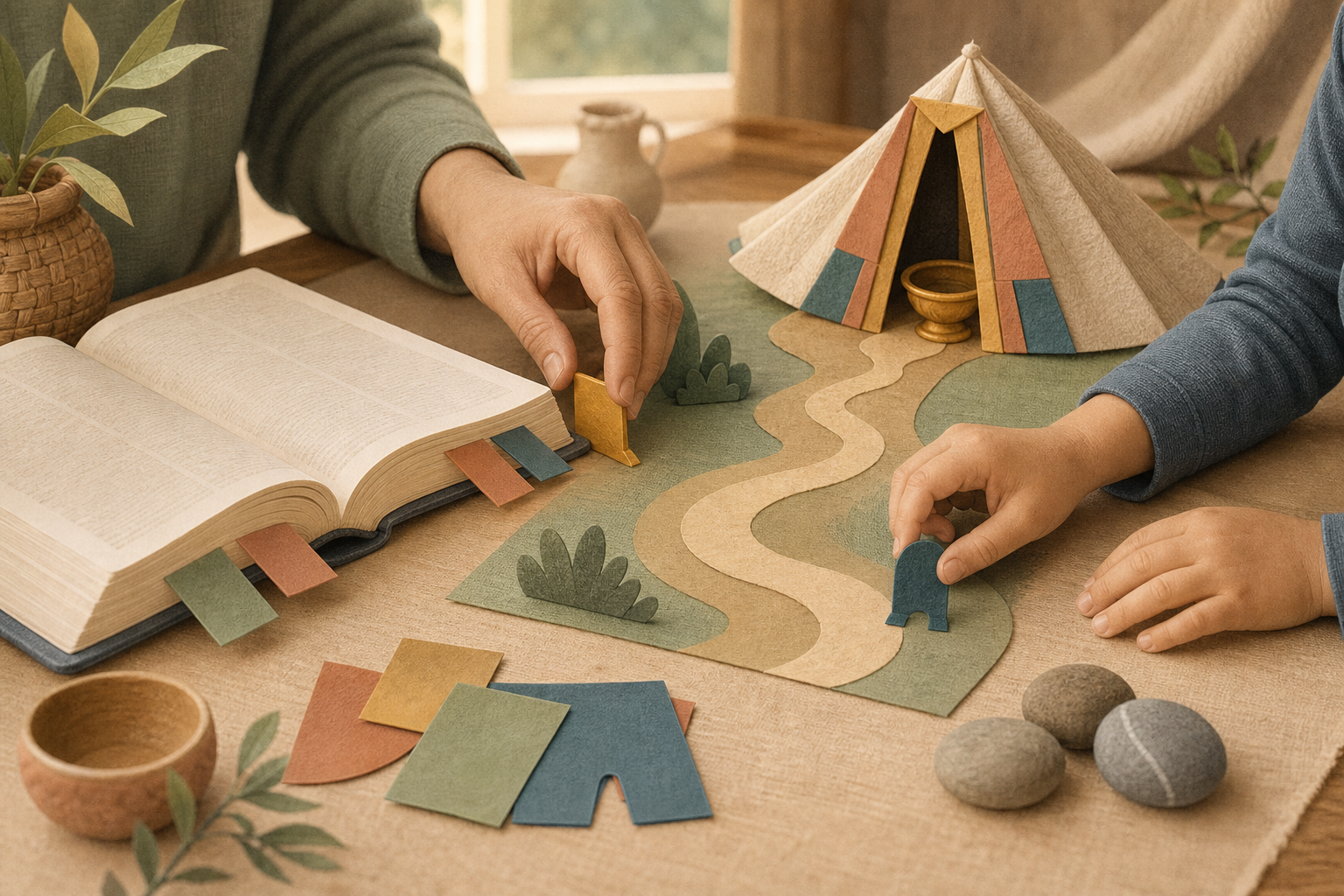 Adult and child hands explore an open Bible with a handmade desert path and tabernacle model.