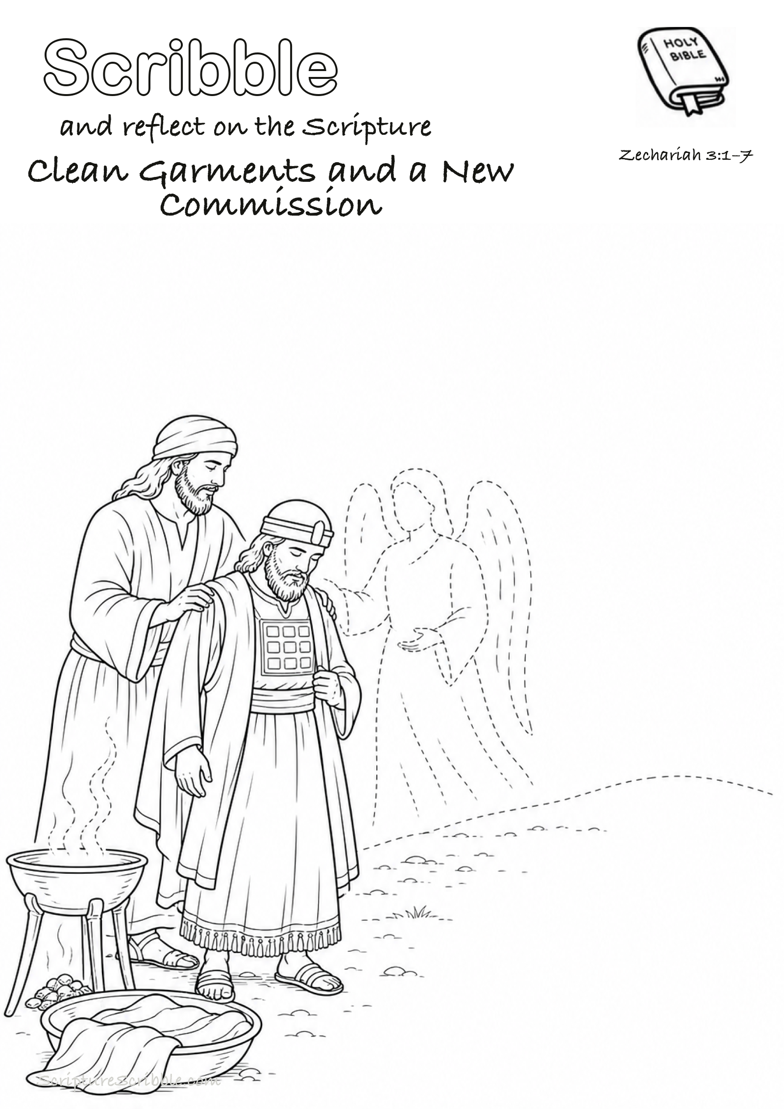 Black-and-white Zechariah 3:1–7 devotional drawing page titled Clean Garments and a New Commission, with a branded header, Bible reference and unfinished Bible scene.