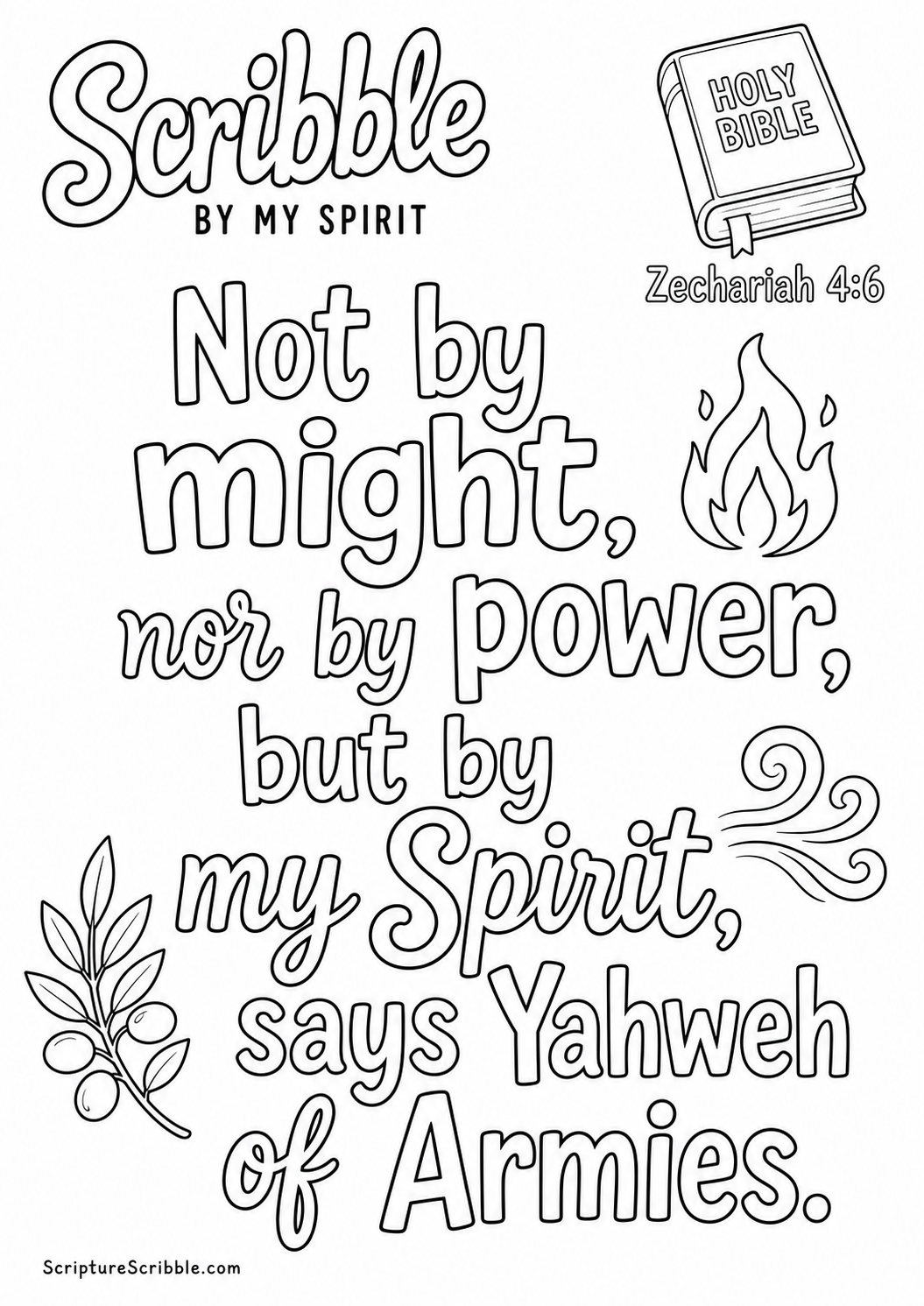 Preview of Zechariah 4:6 By My Spirit Scripture Typography Colouring Page Printable