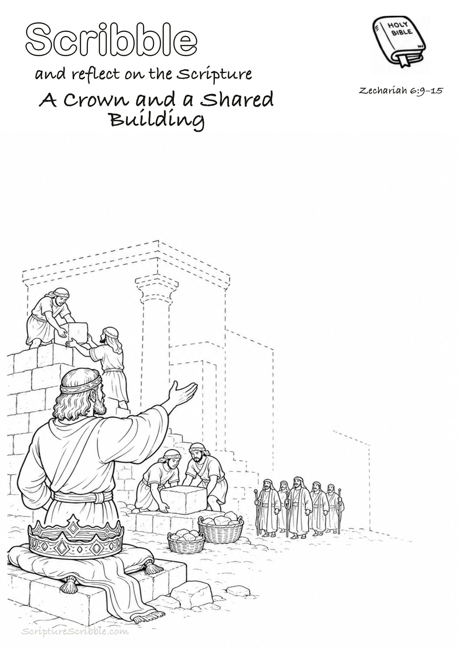 Black-and-white Zechariah 6:9–15 devotional drawing page titled A Crown and a Shared Building, with a branded header, Bible reference and unfinished Bible scene.