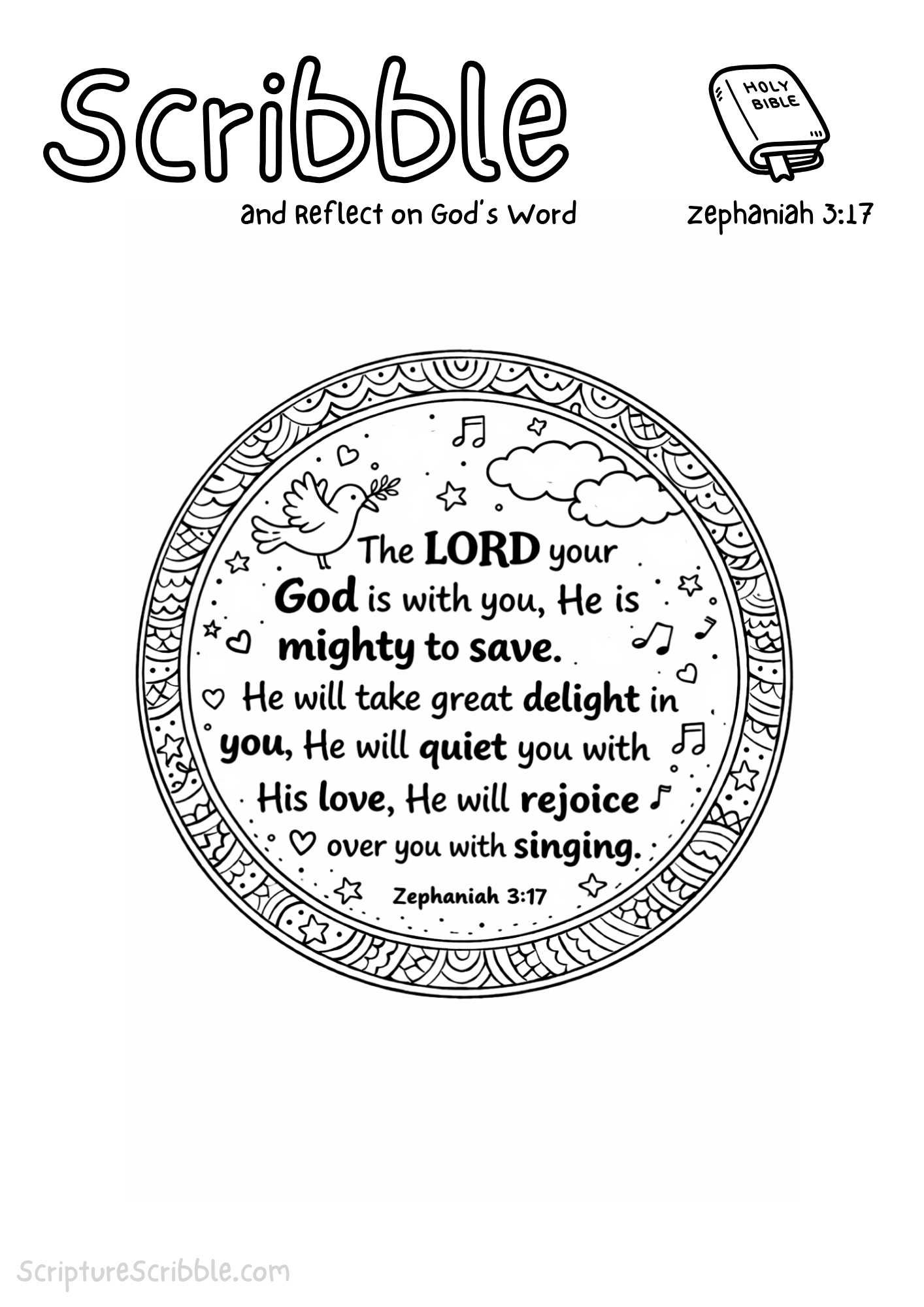 Printable reflection and drawing activity for Zephaniah 3:17 Coloring Page – The Lord Your God Is With You Printable