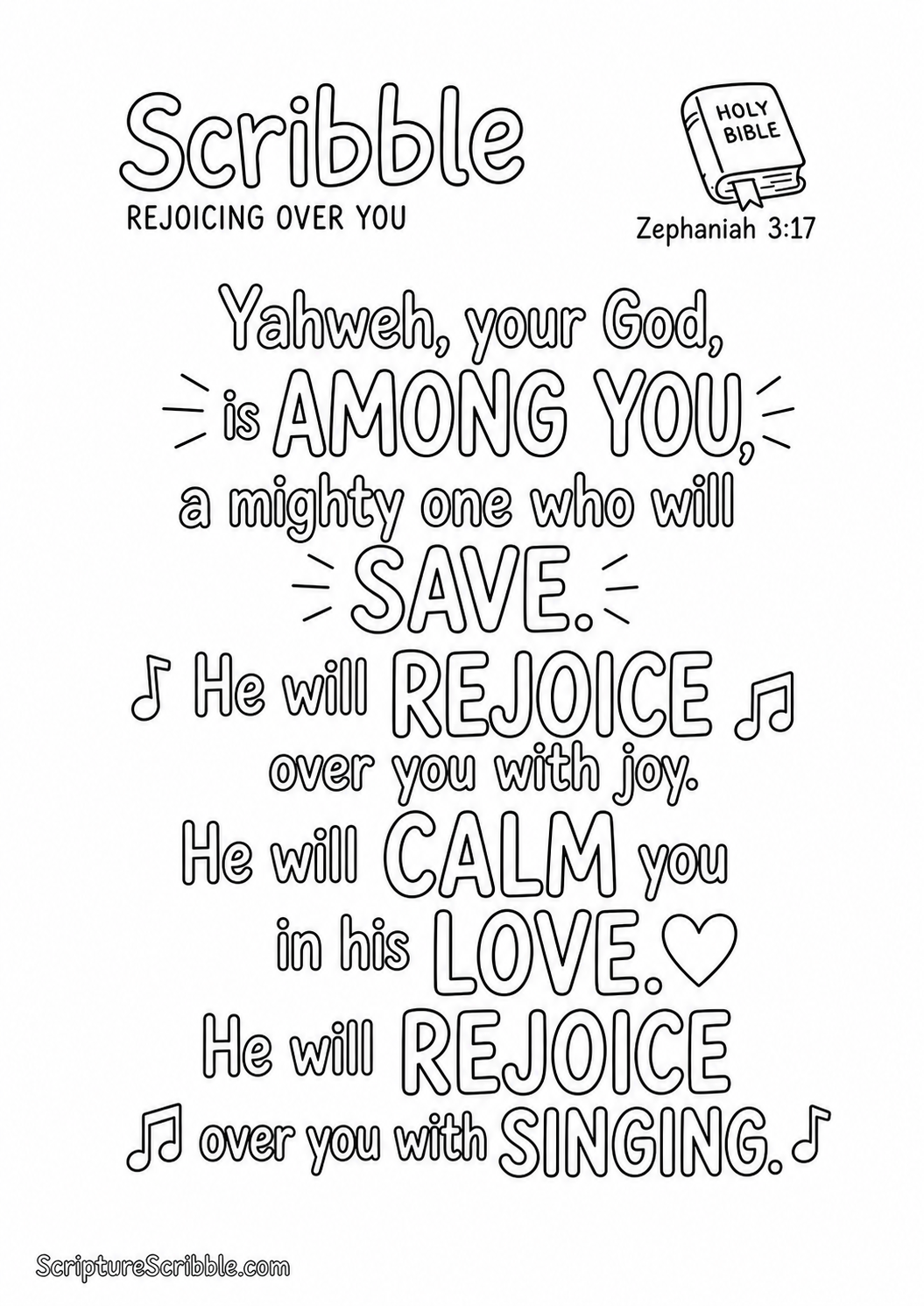 Preview of Zephaniah 3:17 Rejoicing Over You Scripture Typography Colouring Page Printable