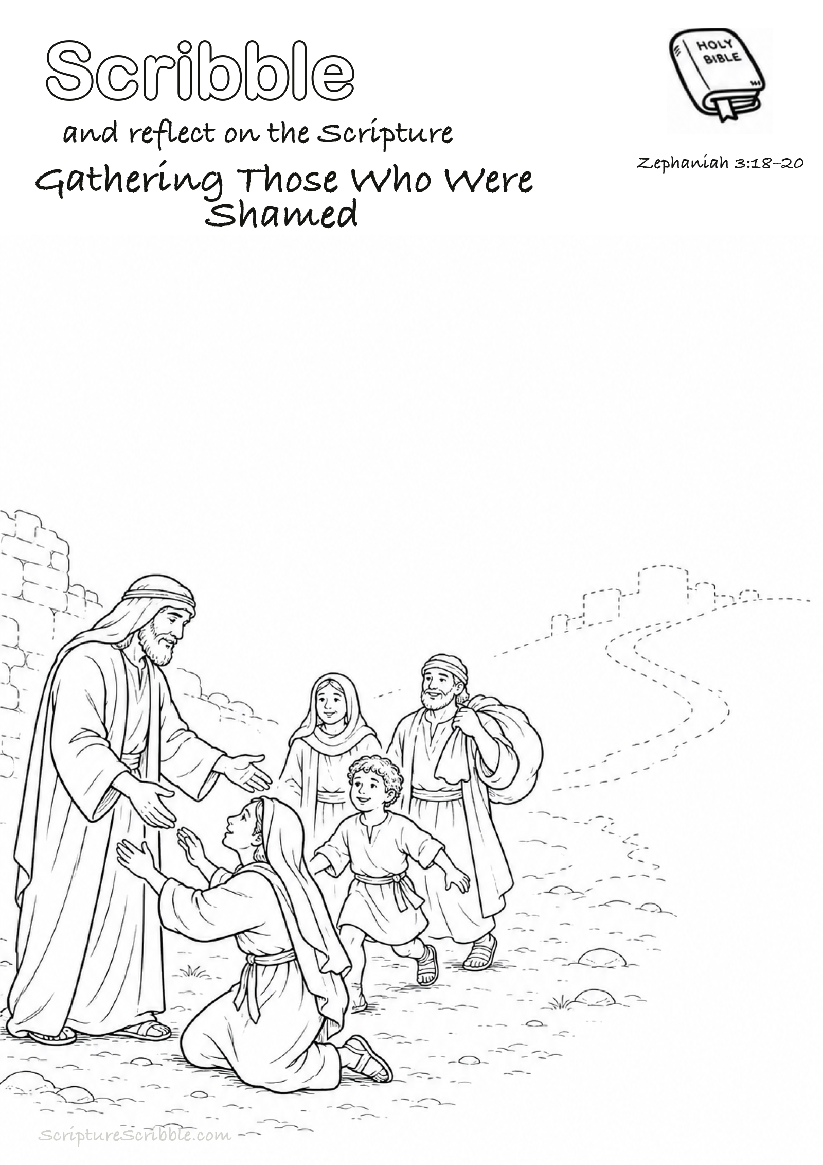 Preview of Zephaniah 3:18–20 Gathering Those Who Were Shamed Devotional Drawing Page Printable