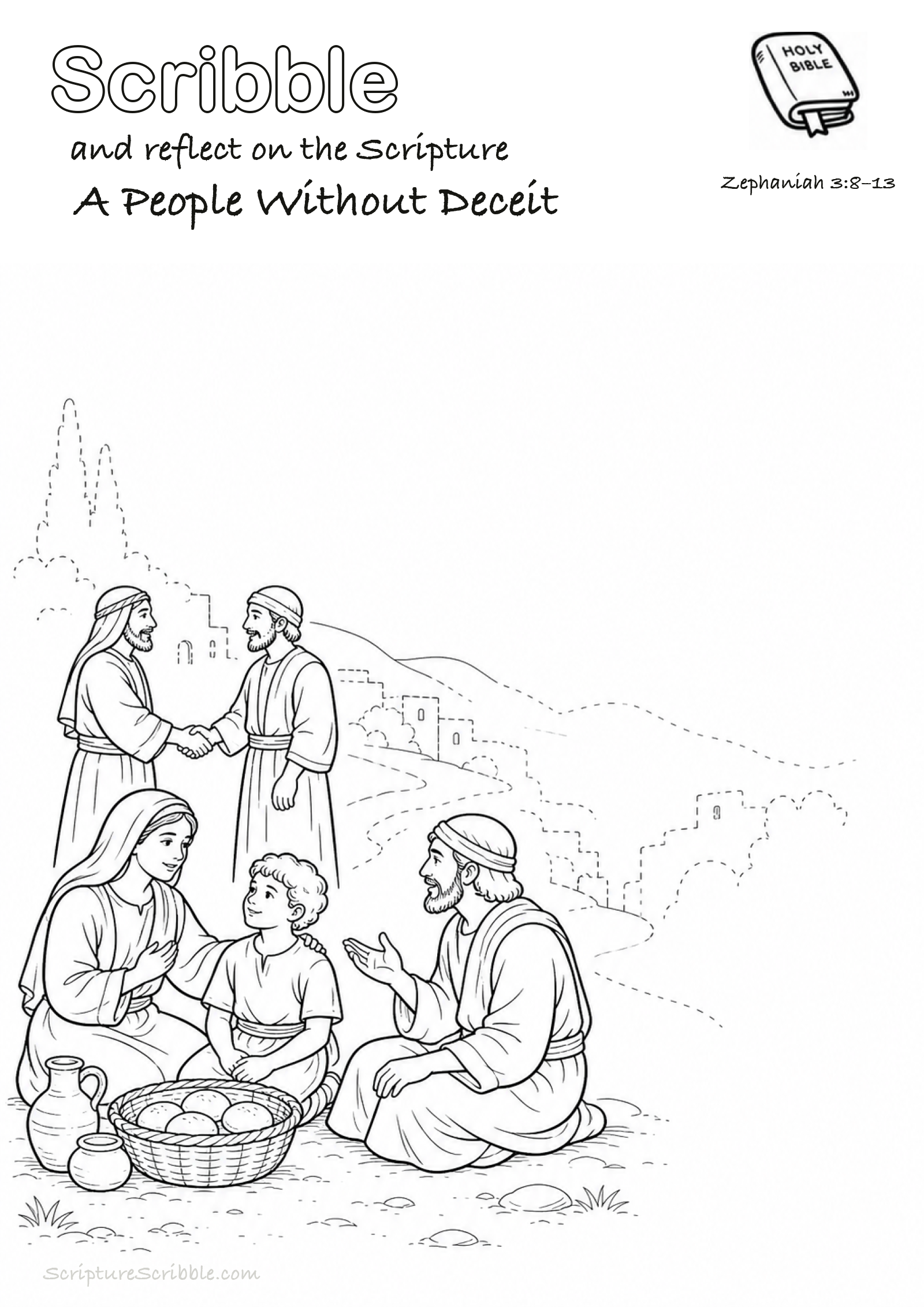 Preview of Zephaniah 3:8–13 A People Without Deceit Devotional Drawing Page Printable